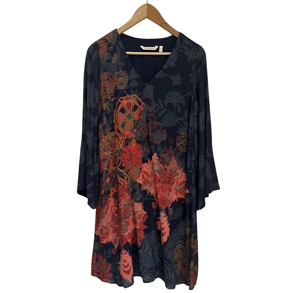 Soft Surroundings Santa Caterina Floral Boho Dress Navy Red Bell Sleeve XS